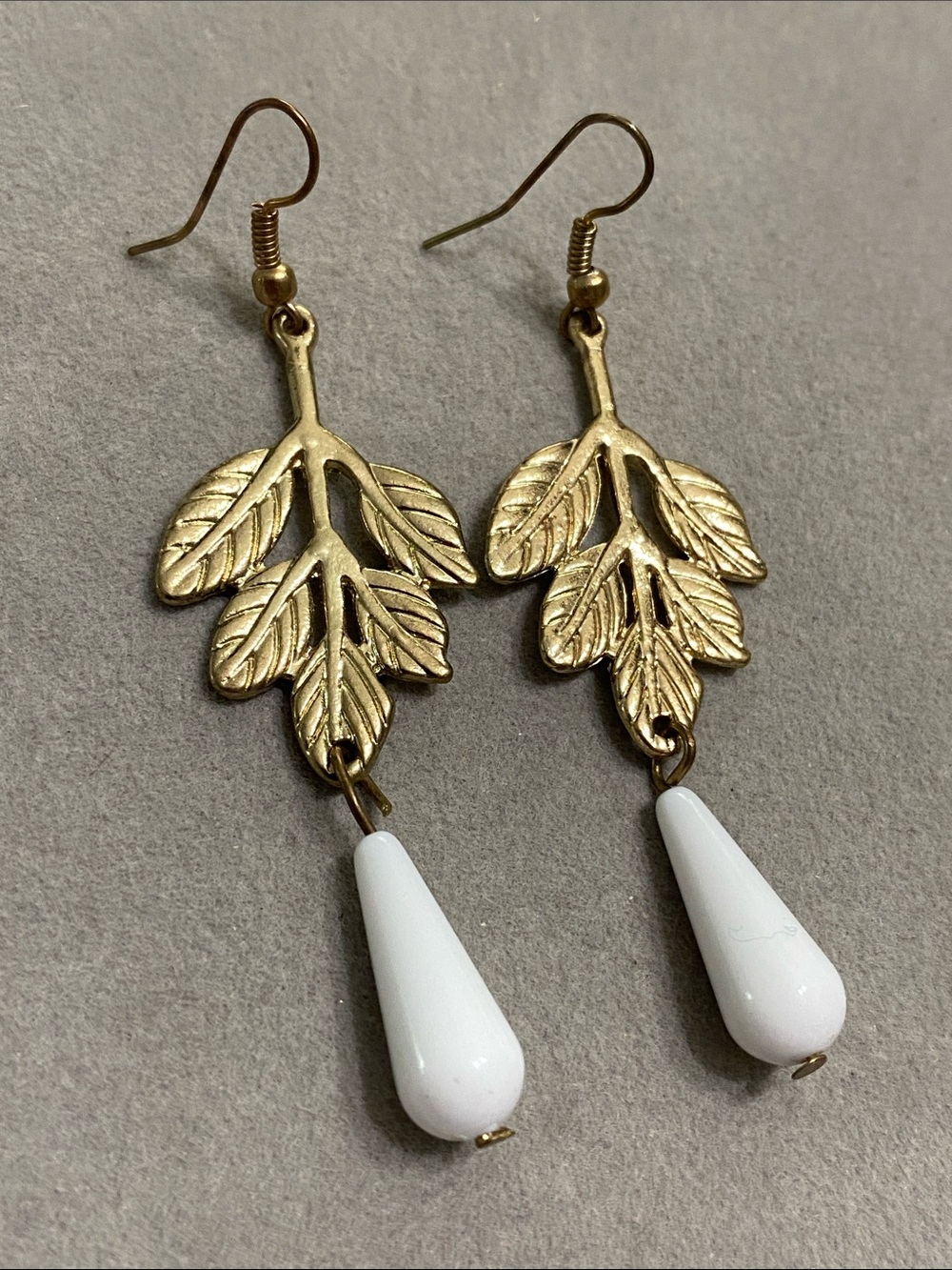 Gold Leaf Drop Earrings with White Teardrop